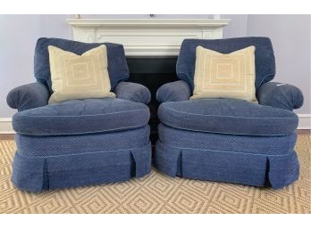 Pair Of Baker Furniture Blue Chenille Upholstered Club Chairs