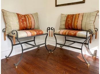 Pair Of Matching Iron Benches With Upholstered Seats