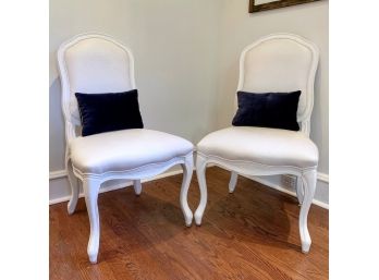 Pair Of Victorian Inspired White Leather Upholstered Side Chairs