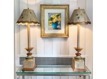 Pair Of Hand Painted Lamps With Painted Metal Shades