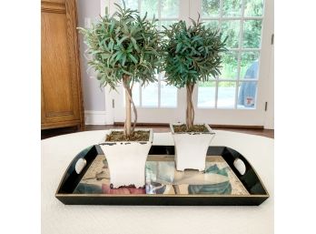 Pair Of Faux Topiary Trees With Vintage Tray