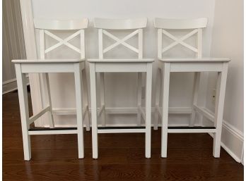 Set Of 3 Painted White Cross Back Counter Stools
