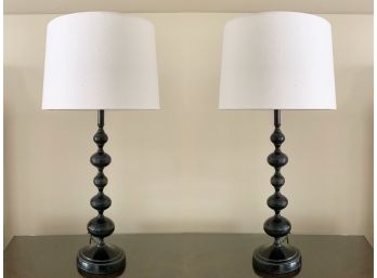 Pair Of Black Turned Spindle Style Lamps With Linen Shades