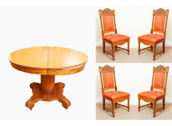 Antique Round Pedestal Dining Table With Four Chairs