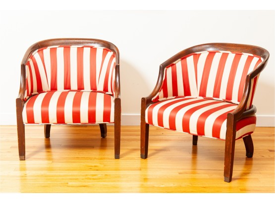 Pair Of Red & White Striped Club Chairs