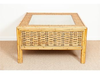 Vintage Rattan Coffee Table With Glass Top Panel