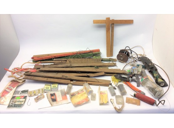 Mixed  Lot Wood Wooden Ice Fishing Tools Hooks Lures Knives Reel Tip Ups Parts