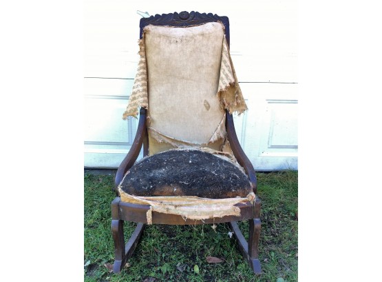 Ripped Damaged Carved Wood Floral Design Rocking Chair