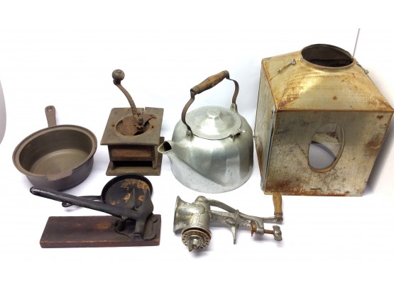 Mixed Lot Of Decorative Household Goods Pans Grinders Lantern Body Kettle Parts