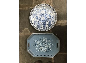 Vintage Blue & White Painted Metal TOLEWARE Trays Including Nacho