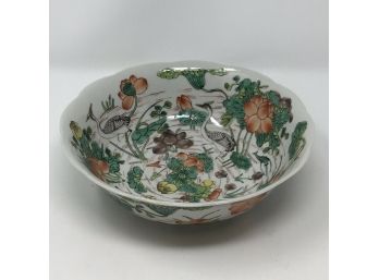 Antique Chinese Export Famille Vert Water Tableau 8' Bowl Waterlily Koi Birds Lobster
