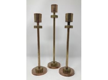 Set/3 Solid Bronze & Brass Mid Century Modernist Candle Sticks