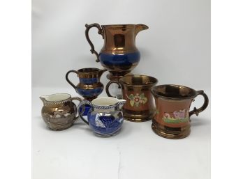 Lot/6 Antique And Vintage Copper Lusterware Mugs And Pitchers
