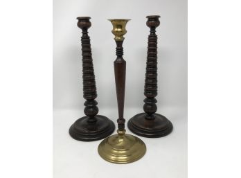 Lot/3 Antique Mahogany & Brass Tall Candlesticks