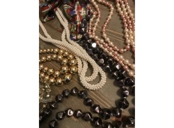 Lot/6 Vintage Costume Jewelry Pearls, Gold Bead & Crystal Necklaces