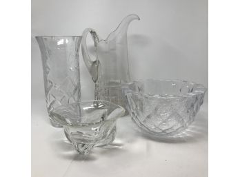 4 Mid Century Heavy Crystal Glass Bowls Pitcher & Engraved Vase