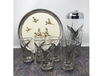 Cocktail Hour For Sportsman &  Bird Enthusiast. Sterling & Porcelain Cocktail Tray & Silver Overlay Shaker