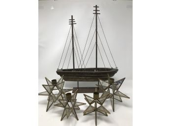 Contemporary Decor Group Ship Model And 4 Glass & Brass  Star Candle Holders