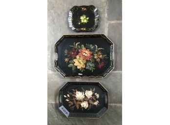 Lot/3 Vintage Toleware Metal Trays Hand Painted Tole Black Floral  Shabby Chic