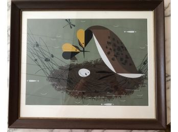 Mid Century Original Signed Silk Screen Print - Birds, Nest & Egg. Original Frame.