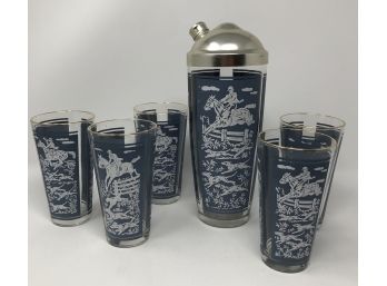 Set 6 Mid Century Fox Hunting Cocktail Shaker & Cocktail Glasses