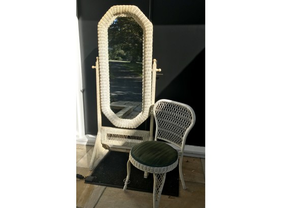 Vintage Standing Wicker Mirror And Chair