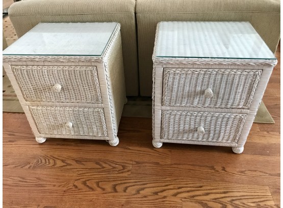 Pair Of Cute Glass Topped Wicker End Tables