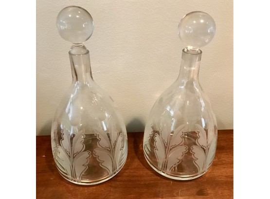 Pair Of Heavy Nicely Frosted Designed Decanters