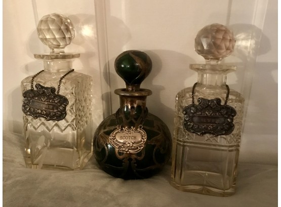 Fabulous Port, Scotch, And Rye Decanters With Sterling Silver Badges