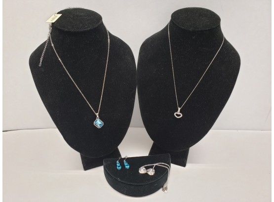 Aqua Austrian Crystal Emerald Cut  Necklace With Drop Earrings & Sterling Silver Heart  Necklace & Bracelet