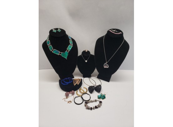 Vintage Ladies Aqua Heart Necklace &  Silver Tone Locket & Earrings & Bracelet
