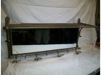 Antique Brass Train Shelf / Hat Rack W/ Beveled Glass