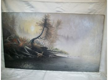 Gorgeous Large Antique Oil On Canvas Deer In River (No Frame) - Very Well Done !