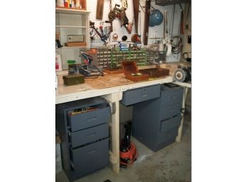 INCREDIBLE LOT OF TOOLS, Hardware, Nuts, Bolts, Screws, Cabinets & All Tools On Bench
