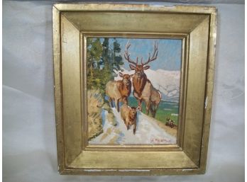 E.W Deming Oil On Board 'ESTATE FRESH' Of Deer Family  - GREAT PAINTING !