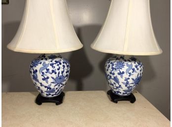 Pair Vintage Quality Blue & White 'Ginger Jar' Lamps W/Shades - All Great Condition
