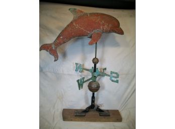 Fabulous Large Vintage Copper Dolphin Weather Vane W/Mounting Bracket - GREAT PATINA !