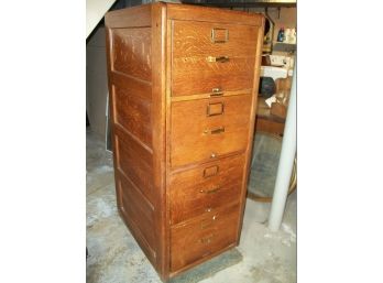 Handsome Antique Four (4)  Drawer Oak File Cabinet - Paneled All Around - W/Brass Hardware
