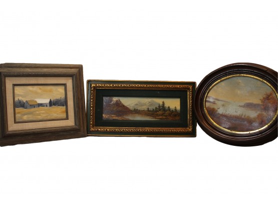 Group Of 3 Vintage Oil On Wood Framed Works