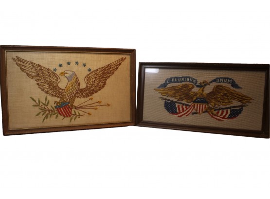 Pair Of Vintage Framed Patriotic Themed Needlepoint Embroidery's