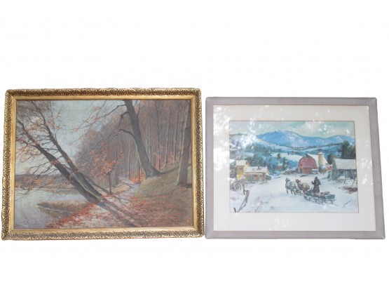 Set Of 2 Vintage Framed Landscapes Including Signed 1927 Oil On Canvas