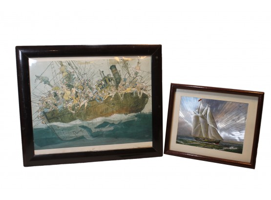 Vintage Pair Of Whimsical Seascapes Boat And Sailboat Pictures