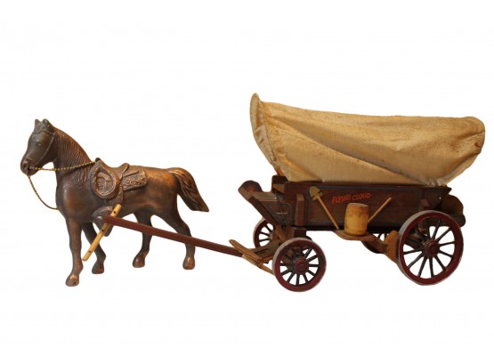 Vintage Western Items Including Flying Cloud Wooden Covered Wagon And A Metal/copper Horse