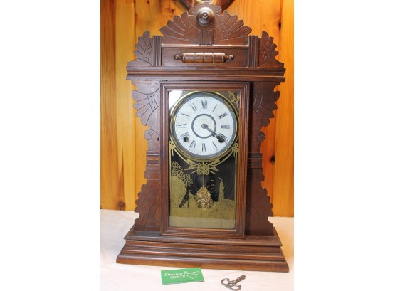 Vintage Carved Wood Welch Mantle Clock With Winding Key - Beautiful Ornate Pendulum