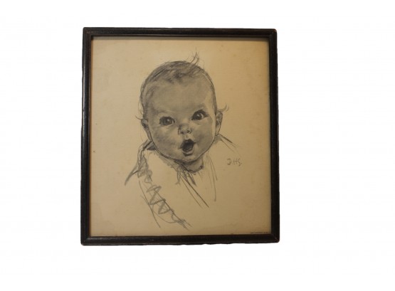 Framed Gerber Baby Sketch By D.HS. From 1930's