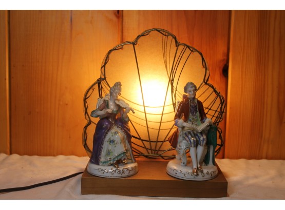 Ceramic Victorian Man And Woman On Wood Stand With Night Light