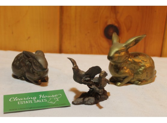 Group Of Two Vintage Metal Bunny's And A Metal Avon Bird Statue