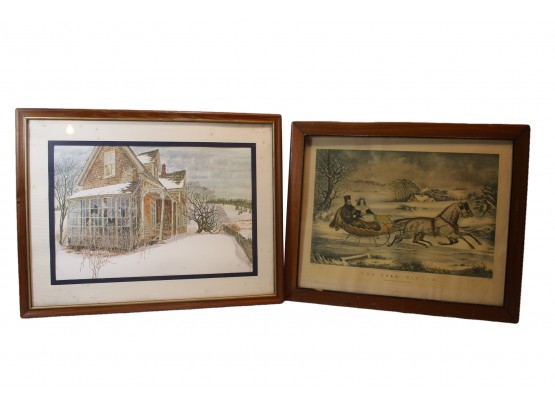 Pair Of Winter Scenes Art Prints - Currier's 'The Road, - Winter' By Knirsch Litho & Old Snow Covered House