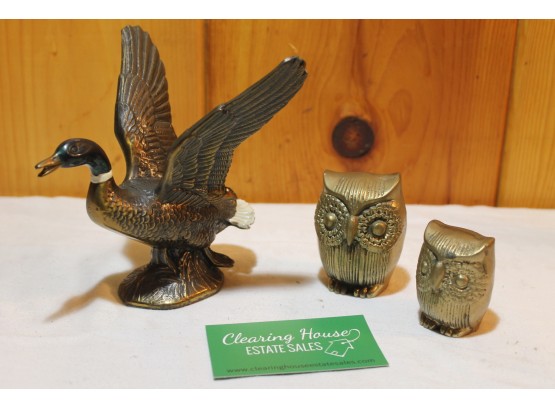 Vintage 6' Metal Duck Paperweight & A Pair Of Brass Owls From 2.25' - 3' Tall