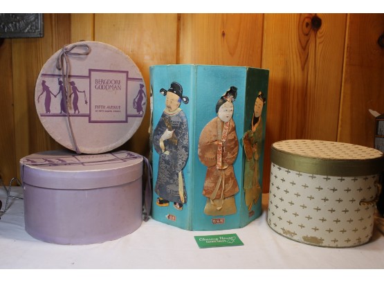 Set Of 4 Retro Hat Boxes By Bergdorf Goodman & 1 Very Unusual Asian Hat Box W/chinese Silk Figures On Sides